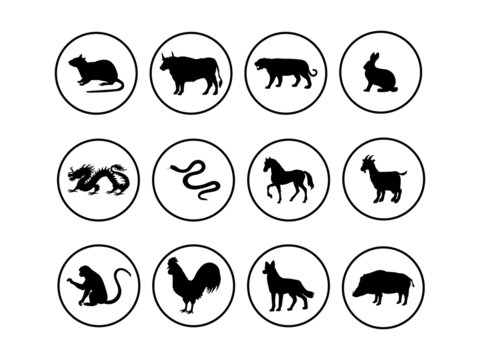 Silhouettes of animals for the horoscope signs of the zodiac. Chinese calendar.