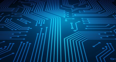 Electronic circuit board with printed circuits. Concept in blue colors. 3d rendered