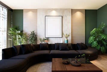 3D illustration Mockup photo frame in living room rendering