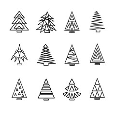 Obraz premium Set of 16 black and White triangle Christmas tree icon. Simple cute Isolated on white background. Vector illustration