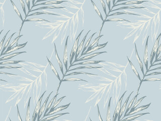 Seamless vector pattern with palm leaves in vintage blue color. Design for textile, wallpaper, wrapping, swimsuit, silk, satin fabric, neckerchief, sleepwear, bed linen.