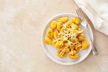 Gnocchi with cheese mediterranian food. Cooked gnocchi with butter and green onions.