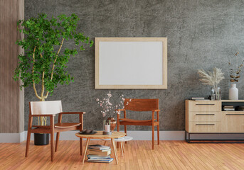 3D mockup photo frame with houseplant in living room rendering