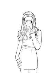 A young girl with wave hair takes pictures of herself on a smartphone through a mirror. A teenage girl dressed in preppy style (light short turtleneck, plaid skirt). A schoolgirl or a university stu