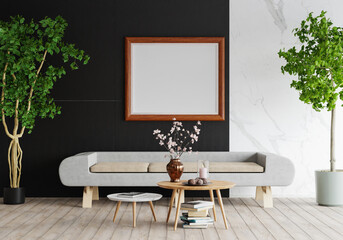 3D mockup photo frame with houseplant in living room rendering