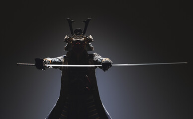 3D illustration of a silhouette of a samurai's upper body wearing Japanese armor and drawing a sword on a dark background.