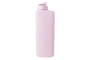 Pink plastic bottle with shampoo or shower gel on isolated white background.