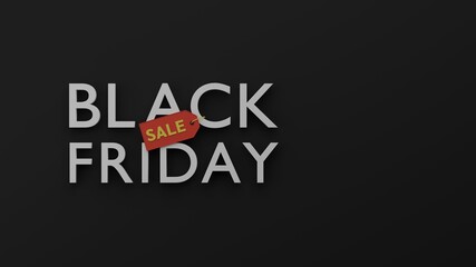 Black Friday Sale white message with gold letter on red price tag on dark black background 3D rendering illustration