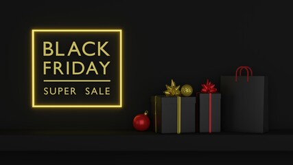 Black Friday super sale realistic black gift box and shopping bag on shelf dark background golden text lettering in bright illuminate glowing neon frame 3D rendering illustration