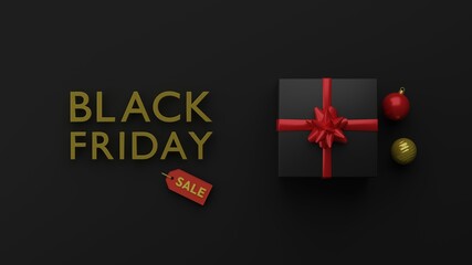 Black Friday sale golden sign with price tag gift box and ornament glass ball 3D rendering illustration