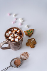 Heiße Schokolade mit Marshmellows und Lebkuchenkeksen auf einem weißen Tisch. Nahaufnahme.