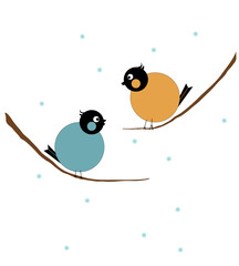 Two birds of blue and brown color are sitting on a branch, hunched over. Winter, it's snowing. Vector illustration.