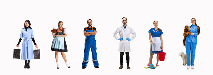 Collage made of men and women in image of housewife, waitress, mechanic, chemist, cleaner and vet...