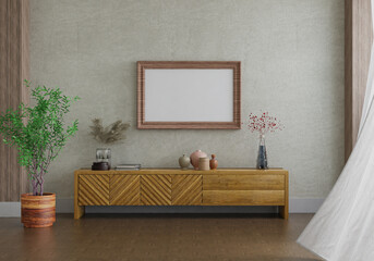 3D mockup photo frame with houseplant in living room rendering