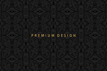 Exotic black background design, banner with geometric volumetric convex ethnic 3D pattern for presentations, booklets, websites. Oriental, Indonesian, Mexican, Aztec style, handmade technique.