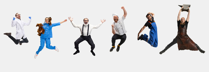 Collage of happy people, professor, vet, barber, smith and chef jumping isolated on white studio...