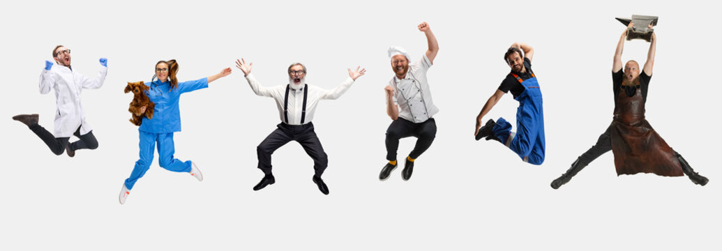 Collage of happy people, professor, vet, barber, smith and chef jumping isolated on white studio background. Horizontal flyer, collage