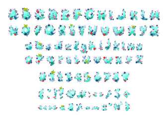 Vector collection of letters, numbers and punctuation marks with flowers and birds. The original spring alphabet. 