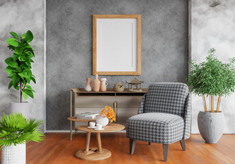 3D mockup photo frame with houseplant in living room rendering