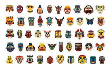 Collection of detailed masks of different nationalities. Ritual and carnival masks.