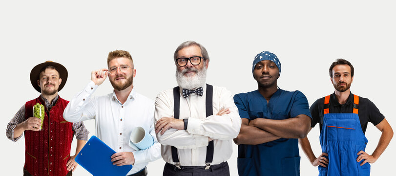 Horizontal flyer with of mixed-age men in image of waiter, professor, doctor, mechanic standing together isolated on white studio background.