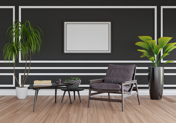 3D mockup photo frame with houseplant in living room rendering
