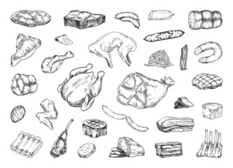 Collection of monochrome illustrations of meat products in sketch style. Hand drawings in art ink style. Black and white graphics. - obrazy, fototapety, plakaty