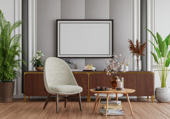 3D mockup photo frame with houseplant in living room rendering
