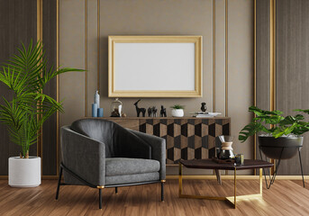 3D mockup photo frame with houseplant in living room rendering