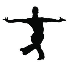 Fototapeta na wymiar vector drawing of a black silhouette on a white background of a man with long arms and wide trousers in shoes. he is a sports dancer, he is without outerwear. 2d art