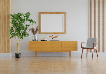 3D mockup photo frame with houseplant in living room rendering