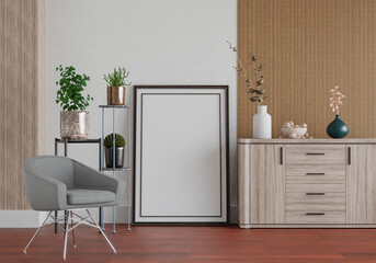 3D mockup photo frame with houseplant in living room rendering