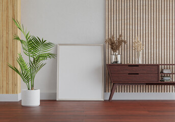 3D mockup photo frame with houseplant in living room rendering
