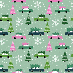 Cute Christmas car seamless pattern - Adorable Xmas pine delivery cars. Hand drawn doodle set for kids. Good for textiles, nursery, wallpaper, clothes. Christmas gift wrapping paper.