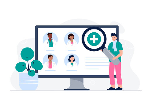 A Man Is Looking For A Doctor For An Online Consultation. Search For A Professional Doctor. Online Medical Services, Consultation And Telemedicine Concept. Vector Flat Illustration.