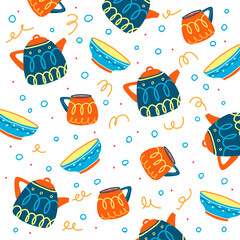 Cozy and cute pattern with ceramic cups and teapots