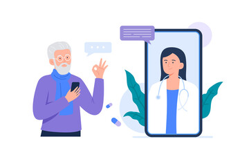 An old man on online consultation with a doctor. Video call with doctor. Online medical services, consultation and telemedicine concept. Vector flat illustration.