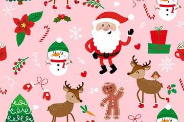 Cute christmas pattern with Santa, snowman and deer - Adorable Xmas characters. Hand drawn doodle set for kids. Good for textile, nursery, wallpaper, clothes. Christmas gift wrapping paper.