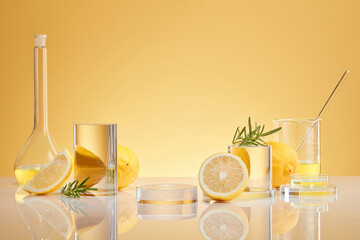 Lemon in laboratory glassware. Skincare products and drugs chemical researches concept. Production...