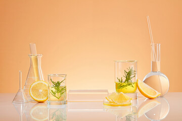 Color Background Lemon extract for Biological experiment presentation Lemon and leaves and yellow...