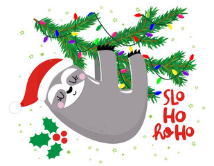 Slo Ho Ho ho - funny sloth hanging on garland. Sloth doodle draw for print. Adorable poster for Xmas party, good for t shirts, gifts, mugs or other print designs. Winter Pajama decoration. © Zsuzsanna