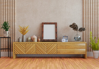 3D mockup photo frame with houseplant in living room rendering