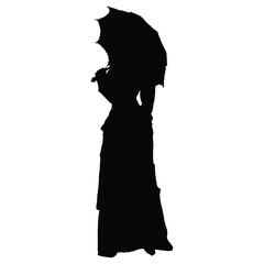 vector drawing of a black silhouette on a white background of a beautiful girl with an umbrella. she is dressed in a long evening dress and holds a cane in her hand. 2d art