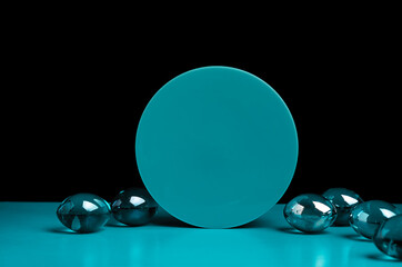 round blue podium for product demonstration