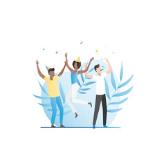 Happy people, company of friends, acquaintances in caps congratulate on holiday, have fun in confetti, play pipes, celebrate, dance at party, jump for joy, rejoice in success.