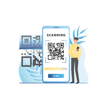 Vector man with smartphone camera scans QR code in online application, program, website on Internet. Banking services payment through identification, informational image. Code on phone screen.