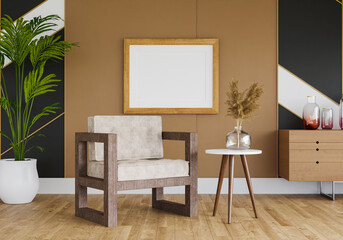 3D mockup photo frame with houseplant in living room rendering