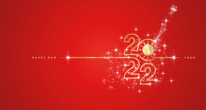New Year 2022 midnight countdown clock line design firework champagne gold white red background vector