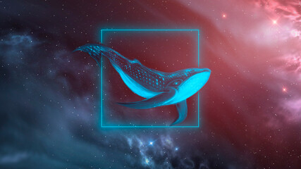 Obraz na płótnie Canvas Abstract night fantasy space landscape, whale in space, dark fantasy scene, unreal world, fish, whale, sperm whale, space, galaxy. Reflection of neon light, water, space depths Sci-fi background. 3D 