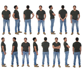 full portrait of a man back, side and front view on white background